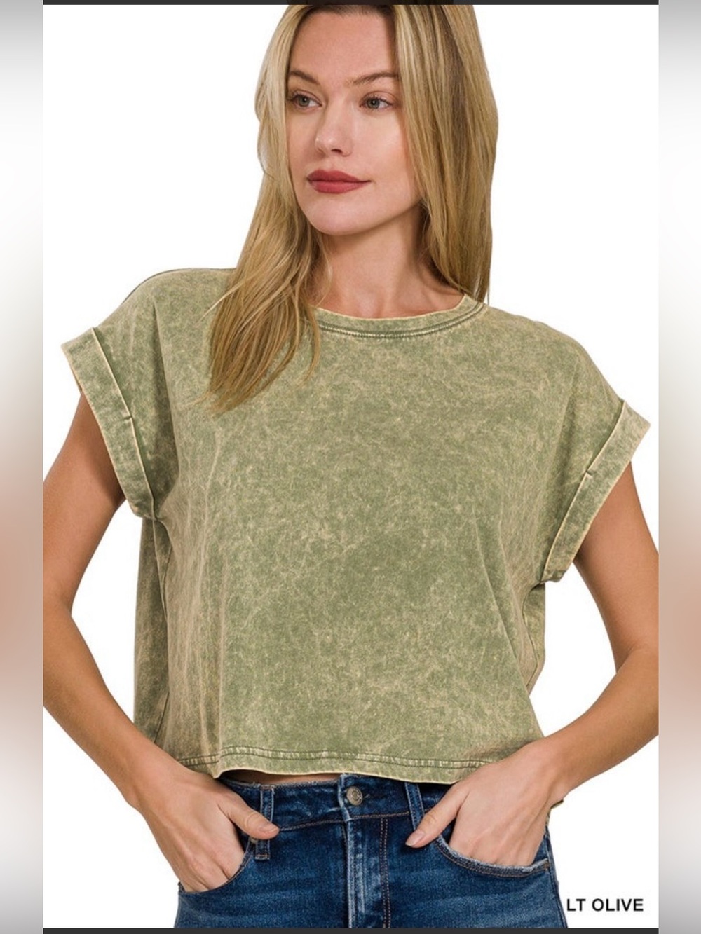 Light Olive Washed Crewneck Crop Top